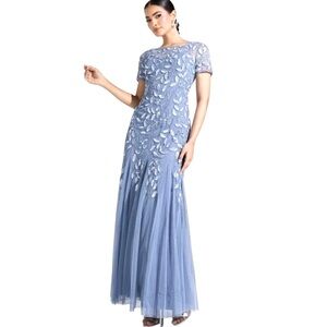 NWT Adrianna Papell Embellished Sequin Tiered Formal Dress French Blue Size 4